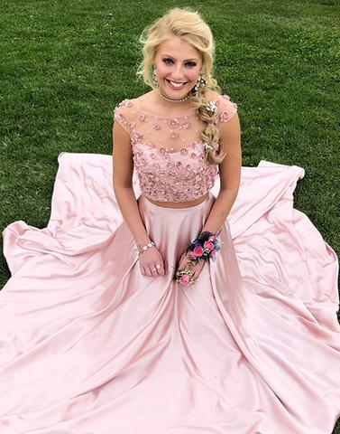 Pink prom dresses,two pieces prom dresses, long prom dress, pink evening dress