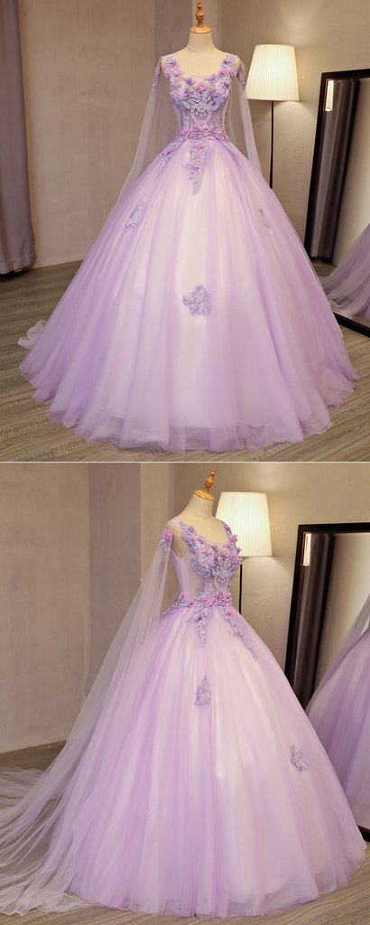 Lilac Tulle Round Neck Long 3D Lace Appliuqe Evening Dress, BH91222