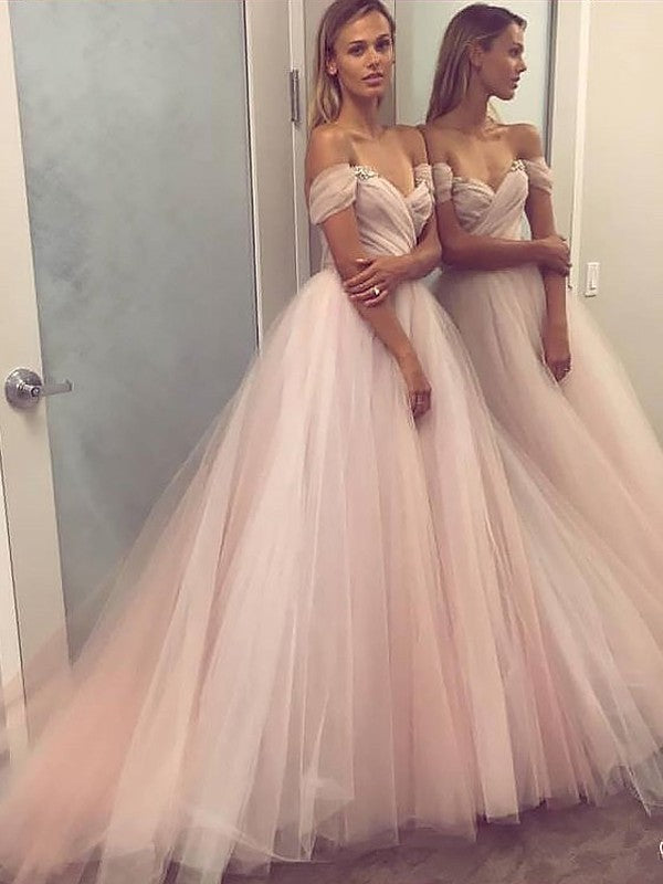 Off Shoulder Tulle Elegant Long Prom Dresses Evening Dresses White Wedding Dress,PD1003