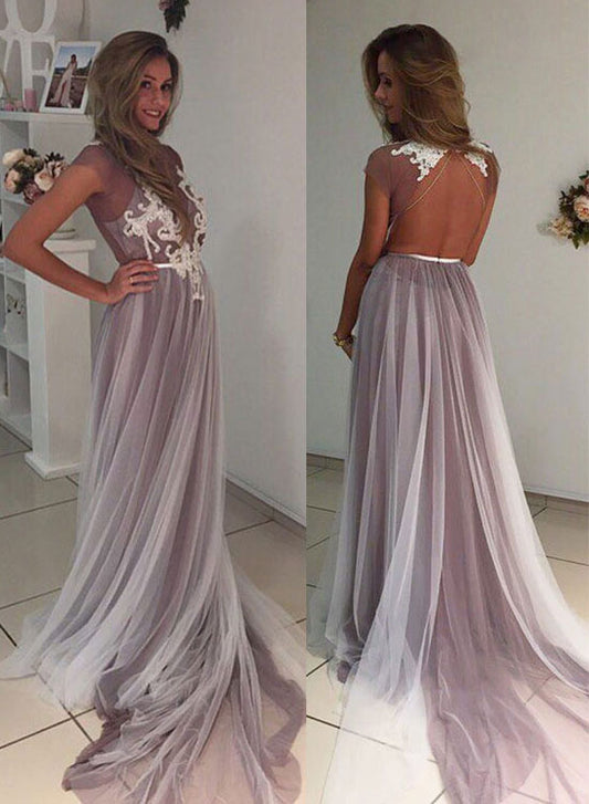 Cute tulle long prom dress, tulle lace evening dress for teens,PD455868