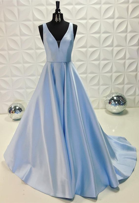 pretty light blue satin long prom dresses v-neck evening gowns 2018,PD455865