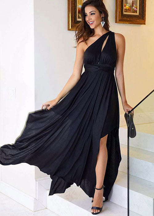 Simple one shoulder chiffon long prom dress, black evening dresses,BD455862