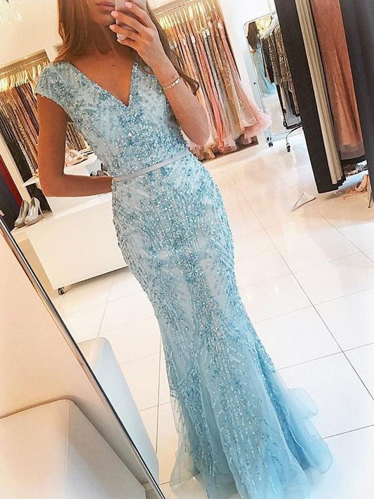 Sexy Beading Light Blue Mermaid Prom Dress, V Neckline Formal Evening Dresses, Long Prom Dresses,BD455861