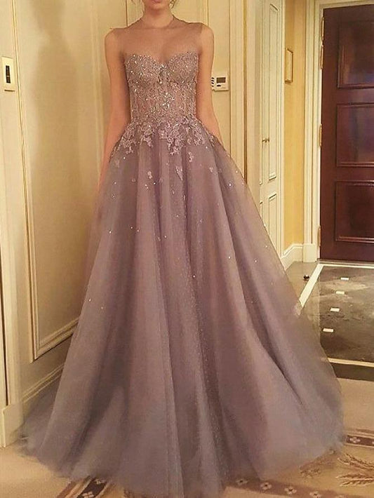 Tulle Appliques Prom Dress, Sleeveless Evening Dresses, Sexy Long Prom Dresses,BD455860