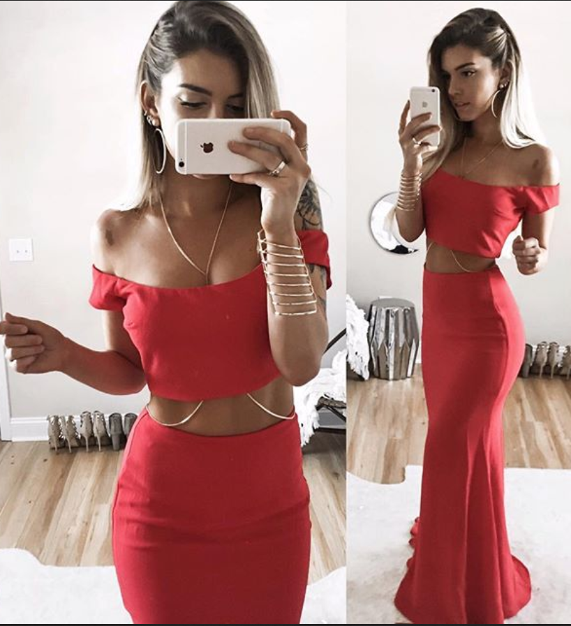 Sexy Off The Shoulder Evening Dress Two Piece Mermaid Red Long Prom Dress,PD4558905