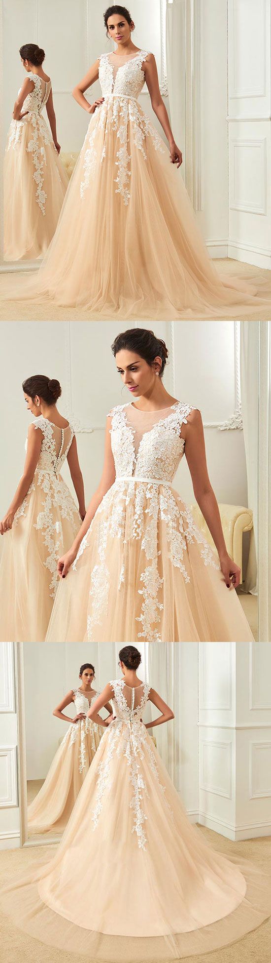 Round Neck Tulle Lace Applique Long Prom Dress,BH91011