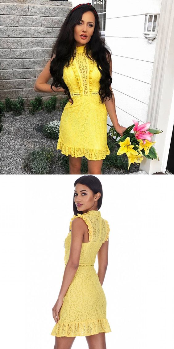 Sheath High Neck Yellow Lace Homecoming Dress,BH91012