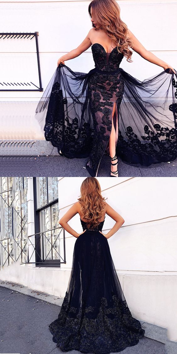 Mermaid Sweetheart Split Front Detachable Train Black Lace Prom Dress with Tail,BH91039