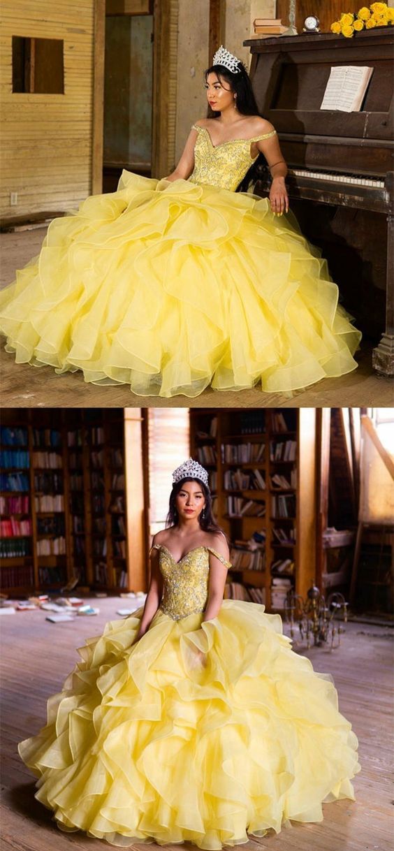 Off-the-Shoulder Floor Length Yellow Tulle Quinceanera Dress with Beading,BH91037