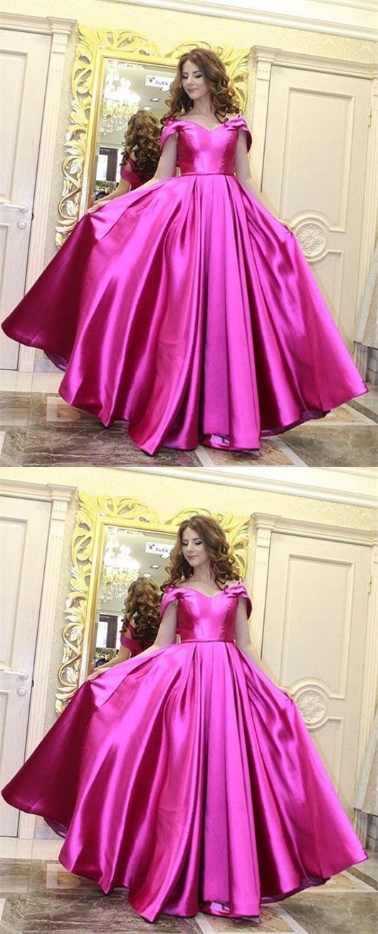 A-Line Off-the-Shoulder Sweep Train Fuchsia Satin Prom Dress,BH91036