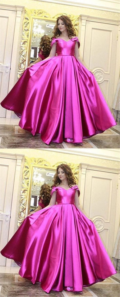 A-Line Off-the-Shoulder Sweep Train Fuchsia Satin Prom Dress,BH91036