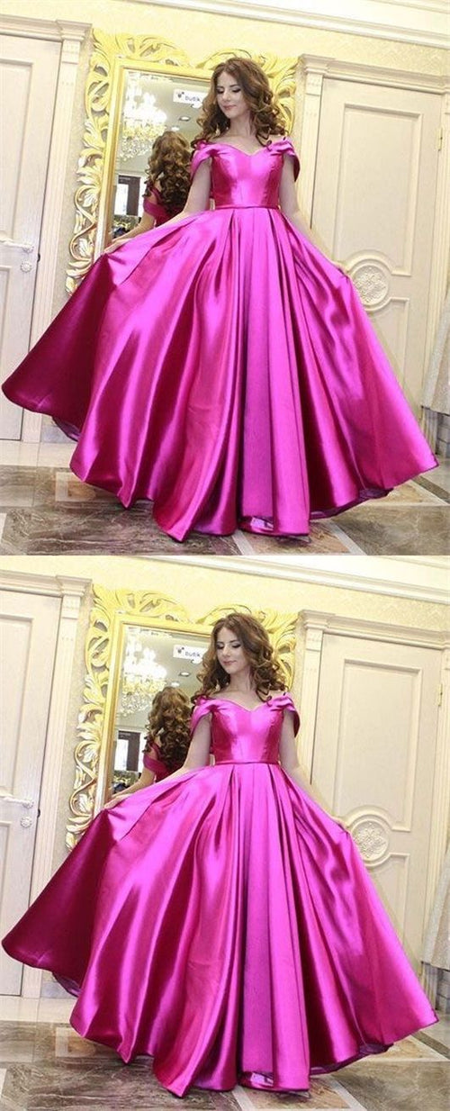 A-Line Off-the-Shoulder Sweep Train Fuchsia Satin Prom Dress,BH91036
