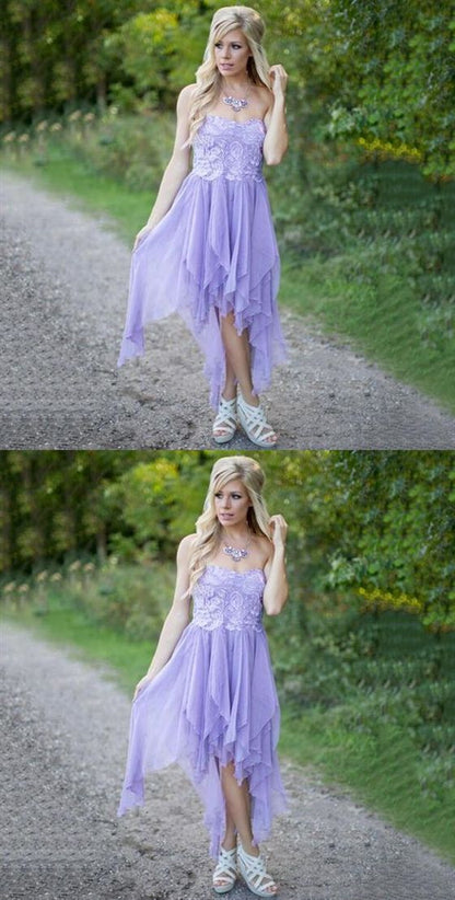 Lilac Sweetheart High Low Prom Dresses Sleeveless Lace Bridesmaid Dresses,BH91029