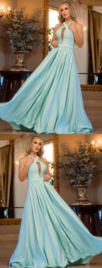 A-Line Cross Neck Floor-Length Mint Satin Prom Evening Dress with Keyhole,BH91030