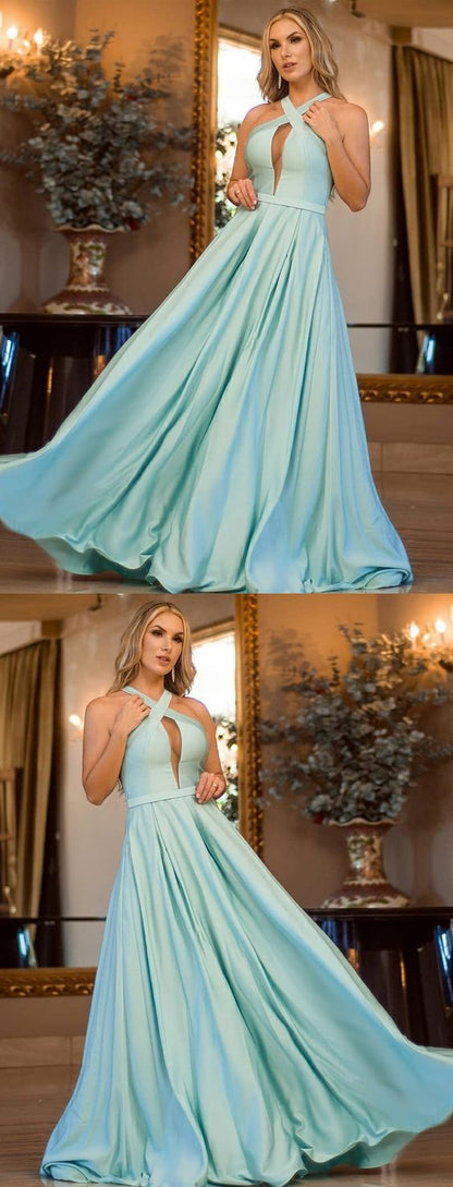 A-Line Cross Neck Floor-Length Mint Satin Prom Evening Dress with Keyhole,BH91030