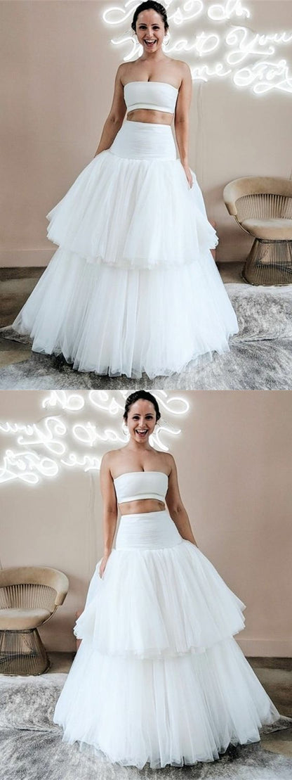 Two Piece Strapless Floor-Length White Tiered Wedding Dress,BH91031