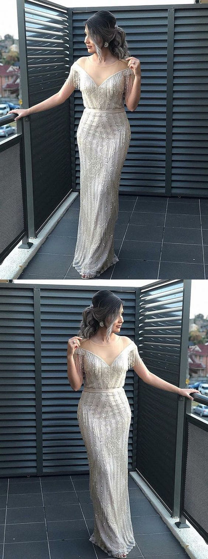 Silver Prom Dresses With Rhinestone Modest Evening Gowns,BH91028