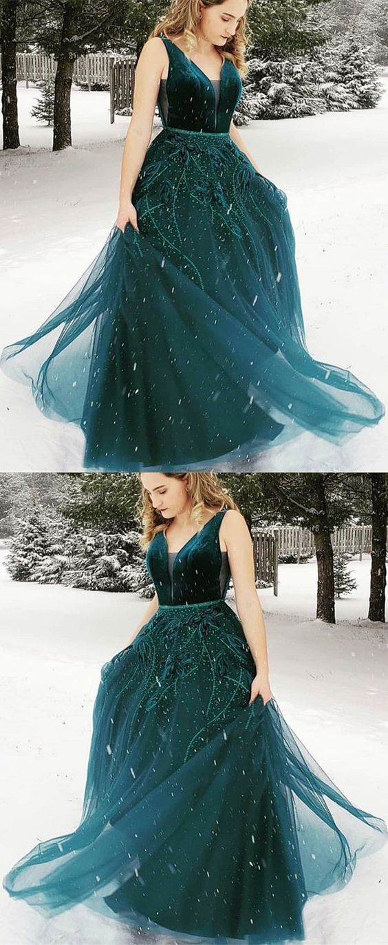 A-Line V-neck Floor-Length Dark Green Prom Dress with Appliques,BH91025