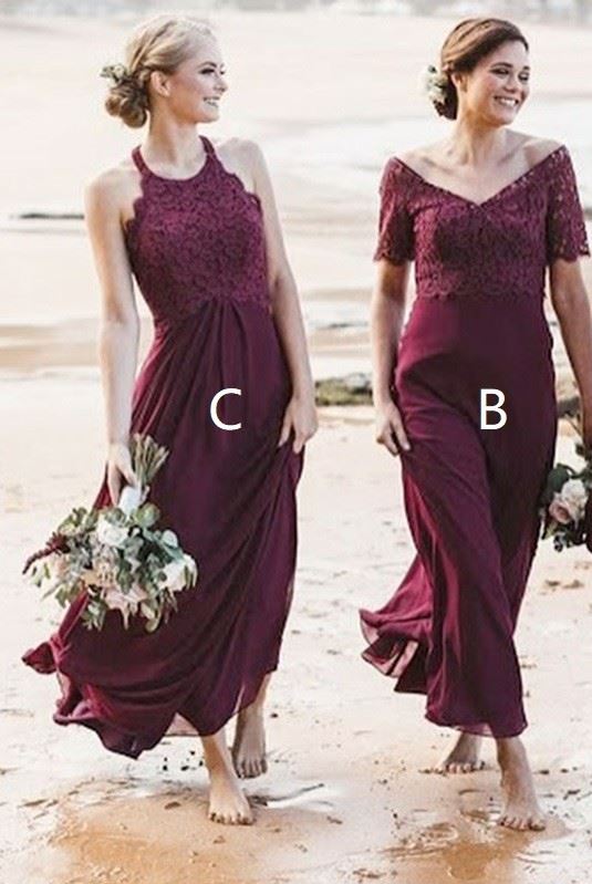 A-Line V-Neck Long Burgundy Bridesmaid Dress with Lace,BH91101