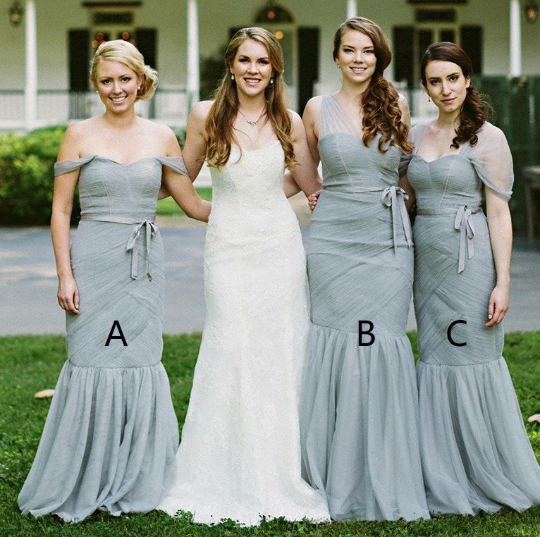 Mermaid Off-the-Shoulder Long Sage Bridesmaid Dress with Sash,BH91109