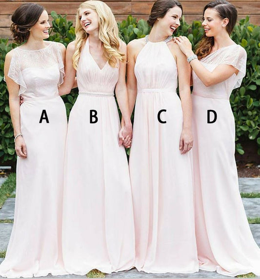 Sheath Bateau Long Pearl Pink Bridesmaid Dress with Lace,BH91107