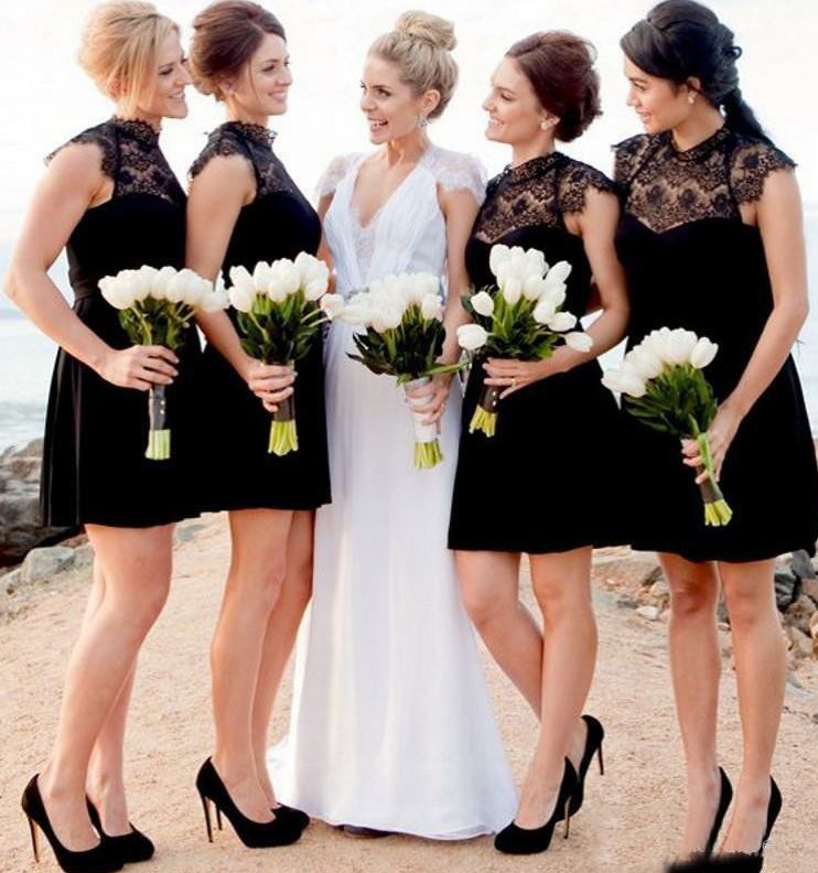 A-Line High Neck Short Black Bridesmaid Dress with Lace,BH91104