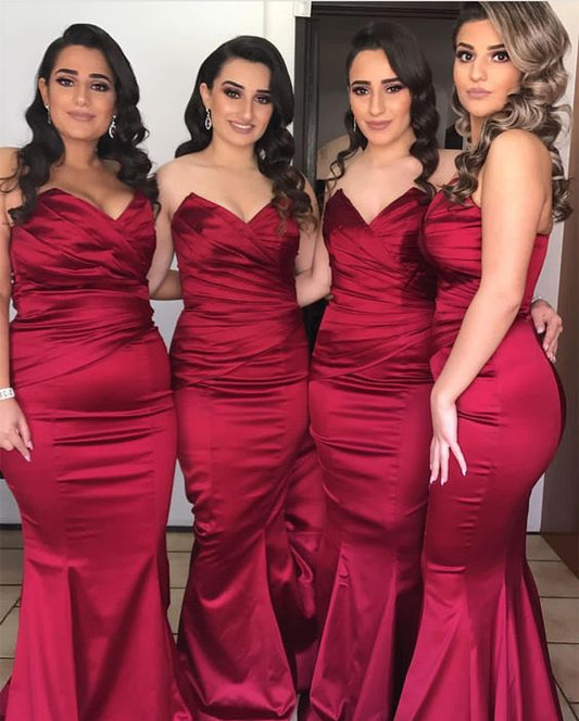 Strapless Bridesmaid Dress,Satin Evening Gowns,Burgundy Bridesmaid Dres,BH91120