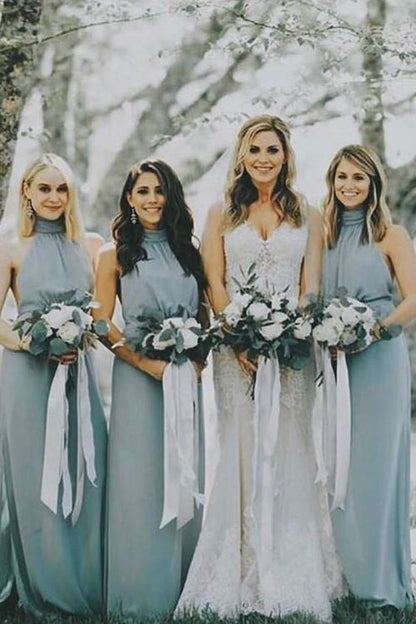 Dusty Blue Chiffon Bridesmaid Dresses with Halter Neckline,BH91125