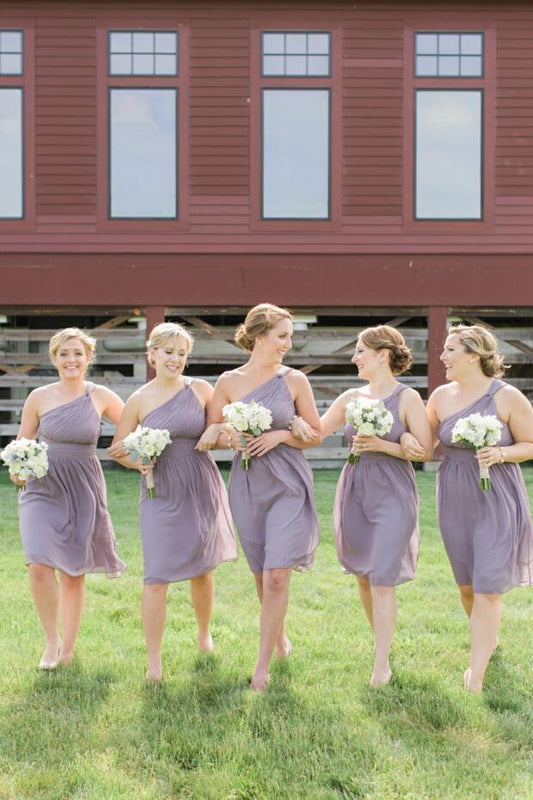 Single Shoulder Purple Chiffon Short Bridesmaid Dress,BH91123