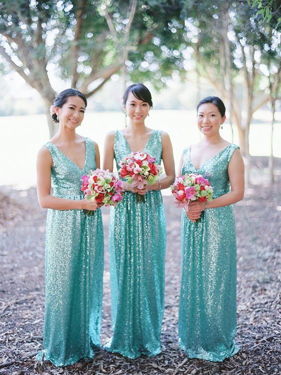 V Neck Sequined Long Bridesmaid Dress,BH91136