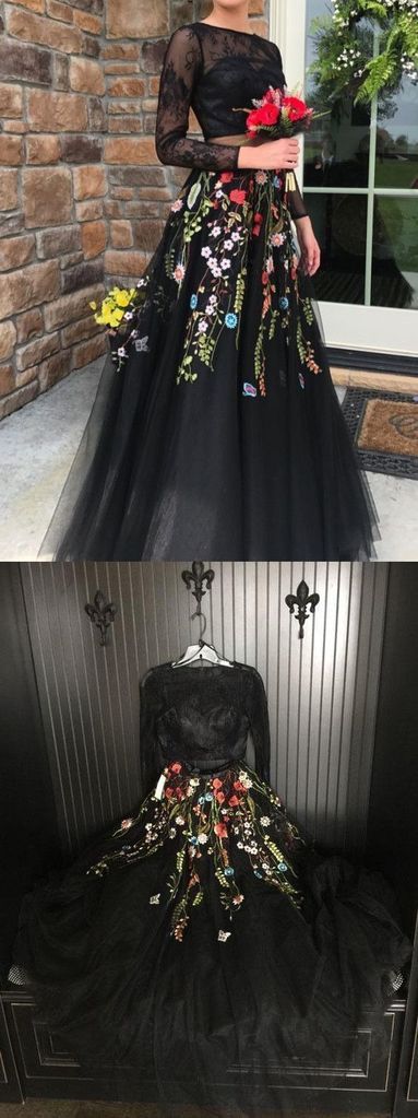 two pieces black long sleeves floral appliques prom dress,HO195