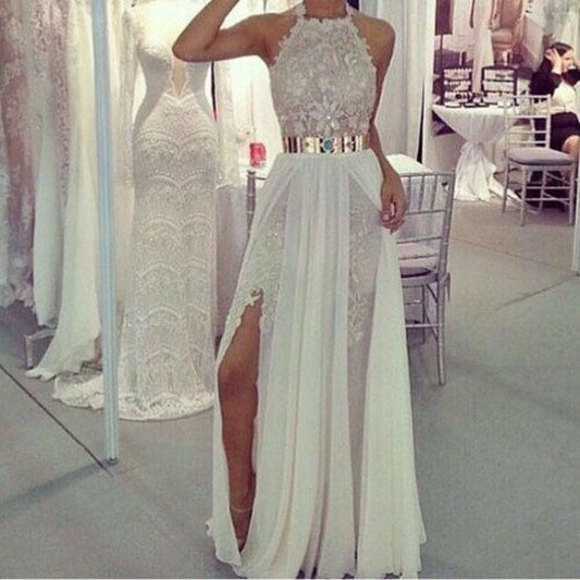 Long Prom Dresses,Charming Prom Dress,white Prom dress,lace prom Dress,BD439