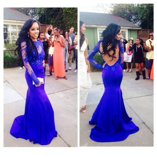 Royal blue Prom Dresses,Long Prom Dresses,Lace Prom Dress,Long sleeves Prom Dress,Mermaid prom Dress,BD144