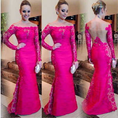 lace prom Dress,hot pink Prom Dress,long prom dress,long sleeves prom dress,evening dress,BD909