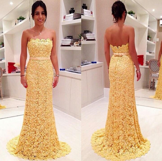 lace prom Dress,Long Prom Dress,Elegant prom dress,yellow prom dress,evening dress,BD798