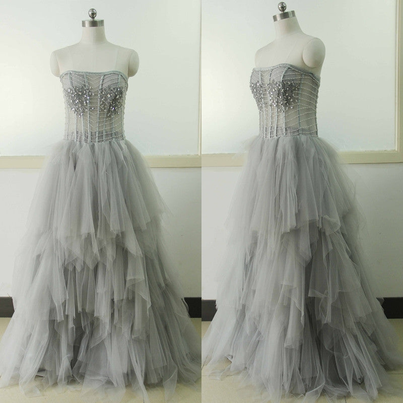 light gray prom dress,tulle Prom Dress,long prom dress,strapless prom dress,party dress,BD801