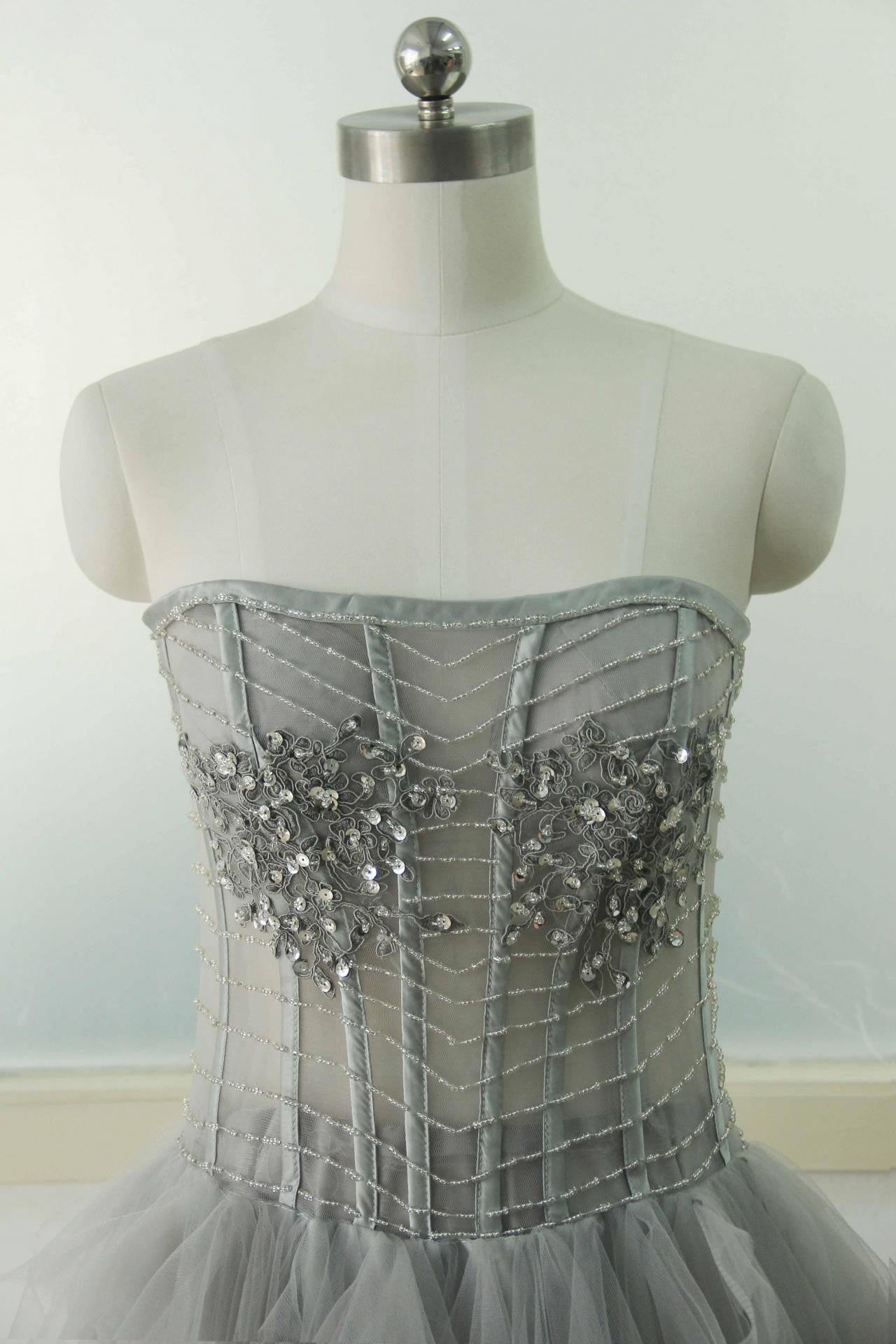 light gray prom dress,tulle Prom Dress,long prom dress,strapless prom dress,party dress,BD801