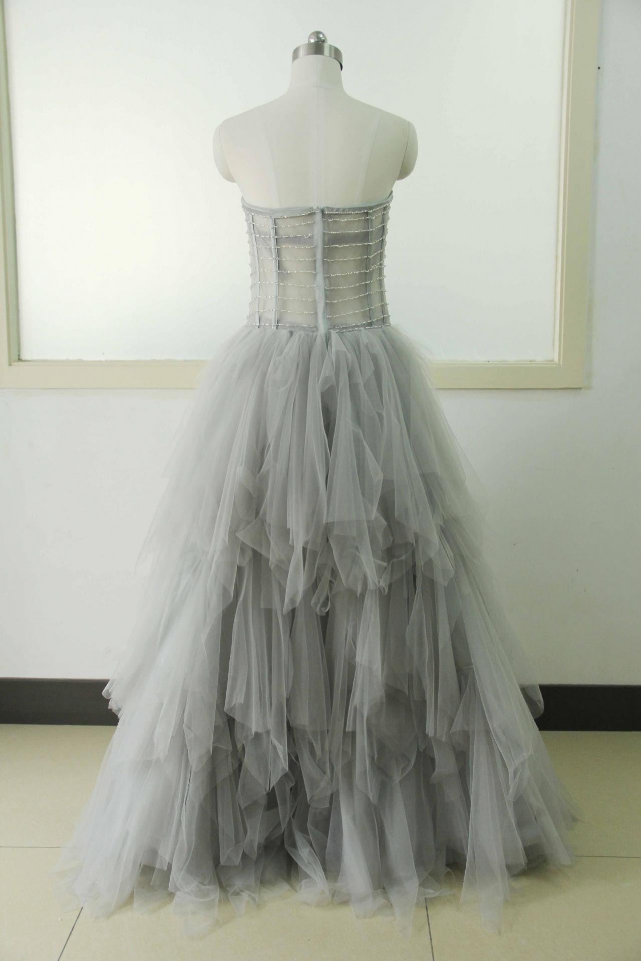 light gray prom dress,tulle Prom Dress,long prom dress,strapless prom dress,party dress,BD801