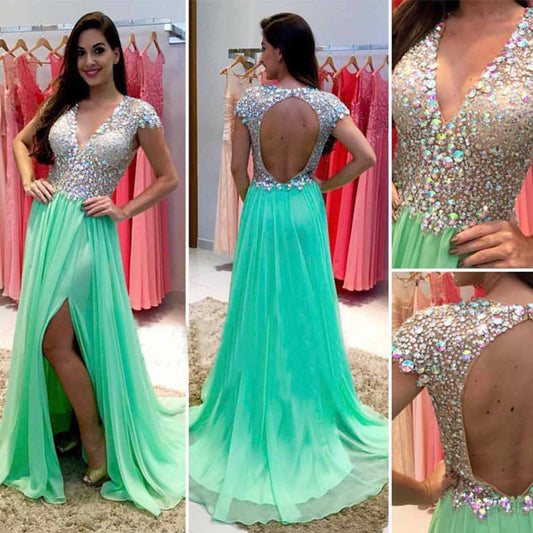 Green prom Dress,Side slit Prom Dress,V neck prom dress,Charming prom dress,Long prom dress,BD172