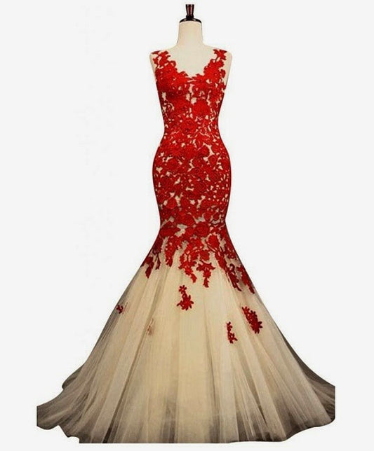 Red Lace Appliqued prom dress,Mermaid Prom Dress,Long evening dress,Formal evening Dress,BD917