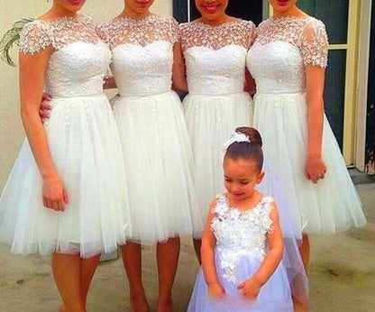 short bridesmaid dress,white bridesmaid dress,short sleeves bridesmaid dress,tulle bridesmaid dresses,BD834