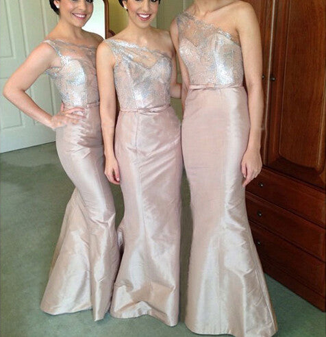 one shoulder bridesmaid dress,long bridesmaid dress,lace top bridesmaid dress,sheath bridesmaid dresses,BD830