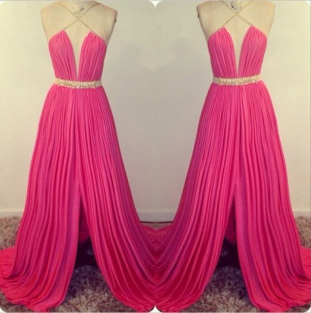 hot pink prom Dress,long Prom Dress,side slit prom dress,evening dress,BD1408