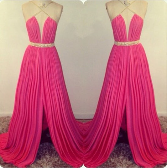 hot pink prom Dress,long Prom Dress,side slit prom dress,evening dress,BD1408