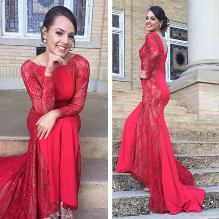 long sleeves prom dress,red prom Dress,lace Prom Dress,mermaid prom dress,long prom dress,BD1415