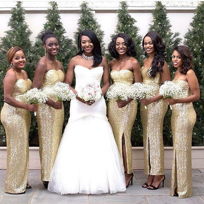 gold sequin bridesmaid dress,long bridesmaid dress,sweetheart bridesmaid dress,slit bridesmaid dress,BD1603