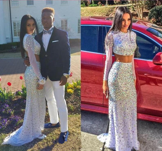 two pieces prom Dress,white Prom Dresses,long sleeves prom dress,long prom dress,party dress,BD1659