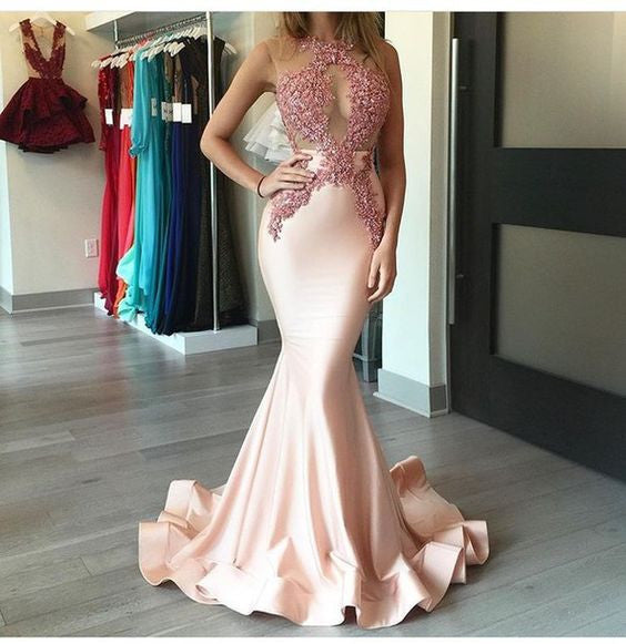 mermaid Prom Dresses,lace applique prom dress,charming prom Dress,pink prom dress,new arrive evening dress,BD2415