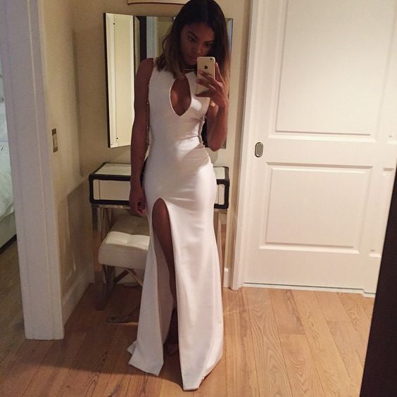 white Prom Dresses,side slit prom dress,charming prom Dress,formal prom dress,sexy prom gown,BD2411