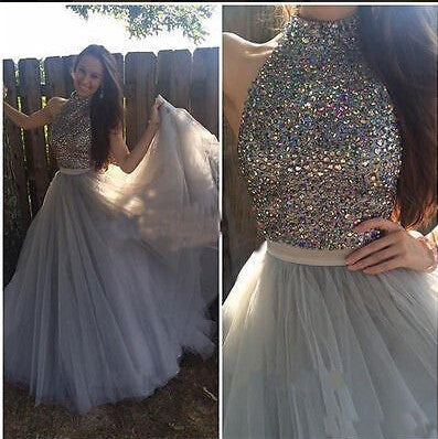 beaded Prom Dresses,long prom dress,gray prom Dress,high neck prom dress,A-line evening gown,BD2425